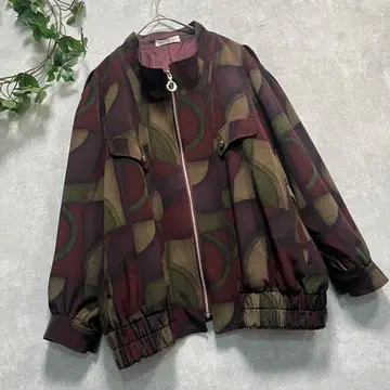 보르도 계열 올 패턴 기하학 빈티지 지퍼 하이넥 자켓