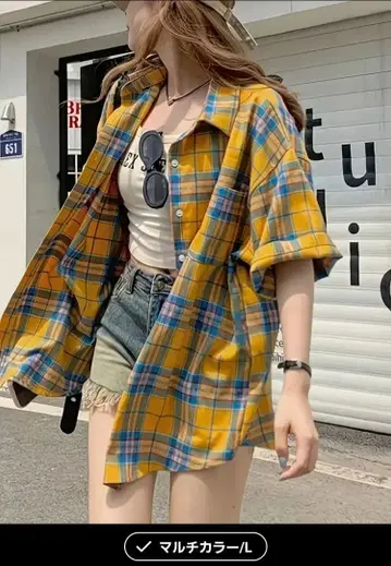 멀티 컬러 체크 무늬 오버 사이즈 셔츠 L 사이즈