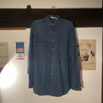 90s USA 제작 구제 의류 인디고 블루 긴팔 셔츠 오버 사이즈 염색