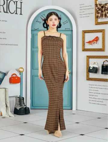 Darich 다리치 가죽 리본 체크 롱 원피스