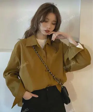 카키 오버 사이즈 버튼 셔츠 긴팔