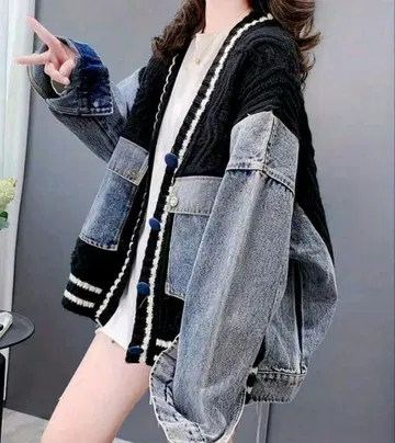 투톤 컬러 패치워크 니트 스웨터 넥 가디건