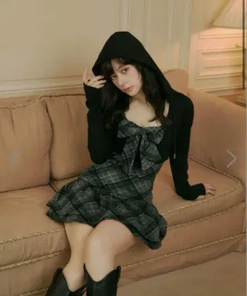 [ BUBBLES 체크 후드티 원피스 블랙 M ]