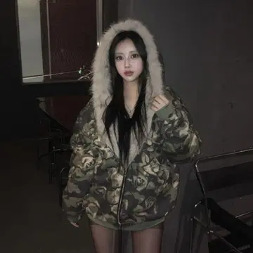 카모 패턴 퍼 후드 자켓 한국 카모플라쥬 퍼 다운 y2k 퀼팅