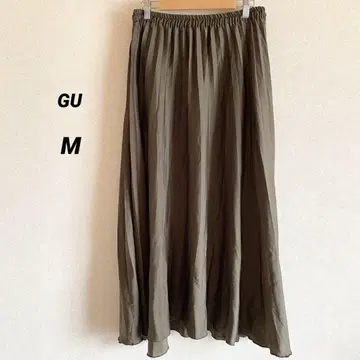 지유 롱 플리츠 스커트 카키 다크 그린 광택 있음 M