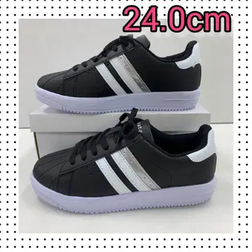 24.0cm 새상품 여성용 라인 스니커즈 경량 인조 가죽 신발 블랙