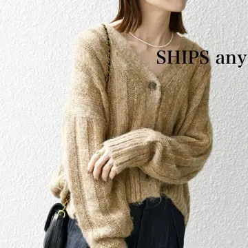 SHIPS any 라메 리브 숏 가디건 베이지