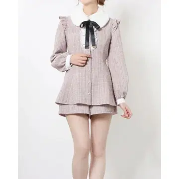 Secret Honey 퍼 카라 부착 트위드 셋업