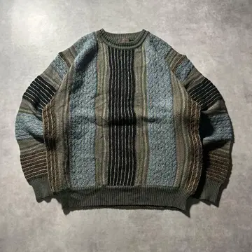 빈티지 그린 스트라이프 멀티 컬러 3D 니트 스웨터