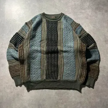 빈티지 그린 스트라이프 멀티 컬러 3D 니트 스웨터