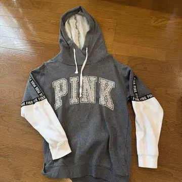 PINK 후드 부착 그레이 후드티