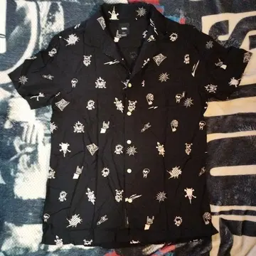 VANS 반팔 셔츠 블랙 L 스컬 하트 썬더 타투 패턴