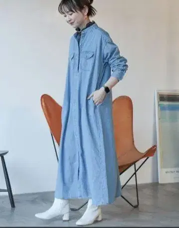 데님 W 포켓 셔츠 원피스