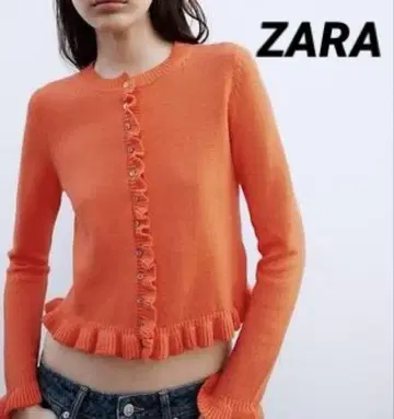 [택 포함 새상품] ZARA 프릴 긴팔 가디건 조개 단추 오렌지 M