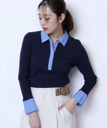 JUSGLITTY 셔츠 칼라 니트 네이비 저스길리티