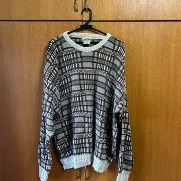 올 패턴 블록 체크 크루 니트 스웨터 브라운 XL