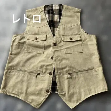 레트로 베이지 체크 무늬 안감 베스트 M~L