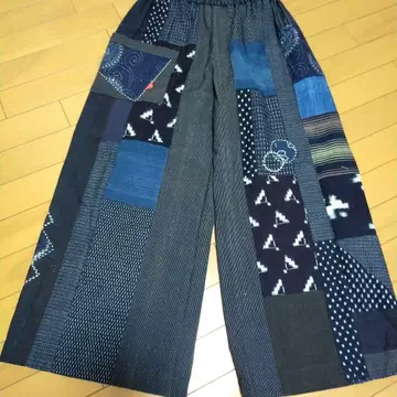 반텐 줄무늬 목화 서생 무늬 기모노 리메이크 패치워크 디자인 와이드 팬츠