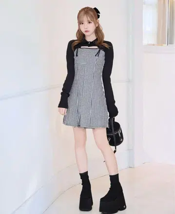 미셸마카롱 깅엄 체크 원피스 세트