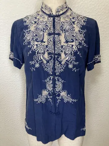 모란 PEONY 피오니 실크 100% 자수 반팔 셔츠 차이나