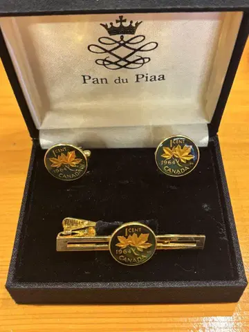 Pan du Ptaa 1964년 캐나다 1센트 넥타이핀과 커프스 세트
