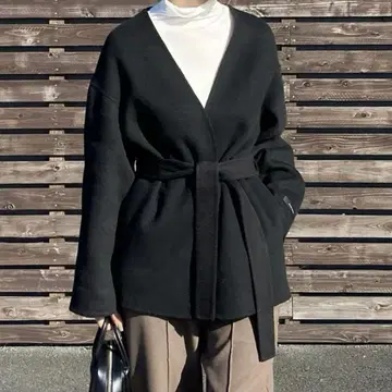 한국 패션 블랙 노카라 자켓 허리 벨트 포함 숏코트