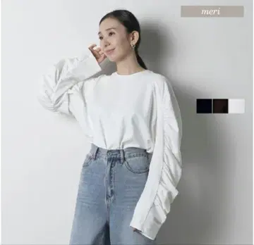 meri 미 소매 볼륨 개더 티셔츠 긴팔 화이트