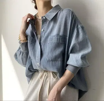 DOUDOU 소매 리브 시어 데님 셔츠