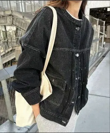 오버 사이즈 노카라 데님 트윌 자켓 블랙 M