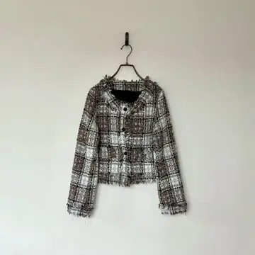 구제 트위드 자켓 체크 노카라 프린지 M 포멀