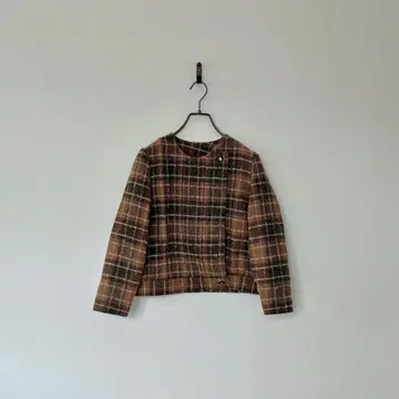 구제 의류 노카라 자켓 짧은 기장 체크 레트로 M 브라운 베이지 더블
