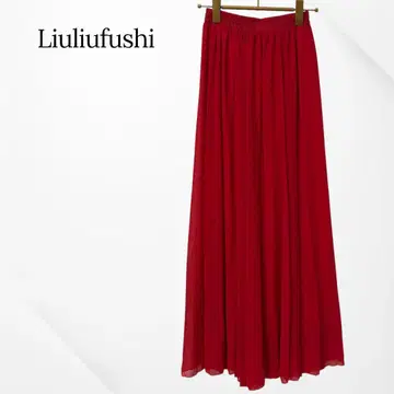 Liuliufushi 롱 스커트 플레어 레드 허리밴딩 포인트 컬러