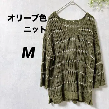 새상품급 올리브색 [ M ] 스트라이프 편직 V넥 니트 가을 [1점]