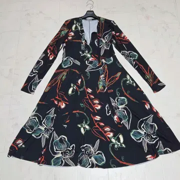 자라 아트 디자인 올 패턴 롱 원피스 리본 플라워 푸딩 L