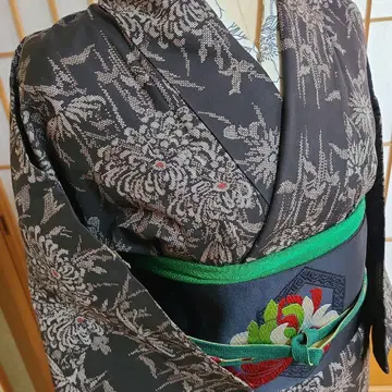 오시마 명주 순수 실크 미사용 시츠케 포함 국화 패턴