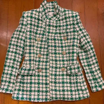 그린과 화이트 체크 무늬 자켓 스커트 세트