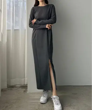 그레이 롱 원피스 긴팔 슬릿 조정 가능