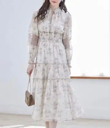 tocco closet 프릴 리본 포함 셔링 자카드 레이스 원피스