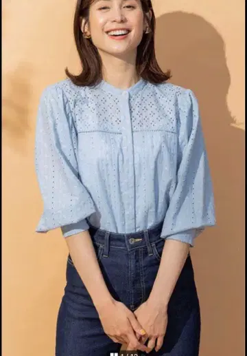 쿠미쿄쿠 코튼 레이스 볼륨 슬리브 블라우스