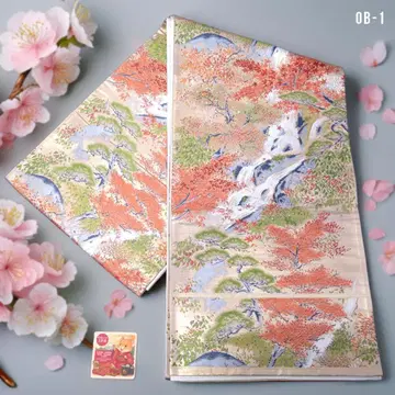후쿠로 오비 앤티크 금실 직조 사계절 풍경 단풍 소나무 명품 448cm