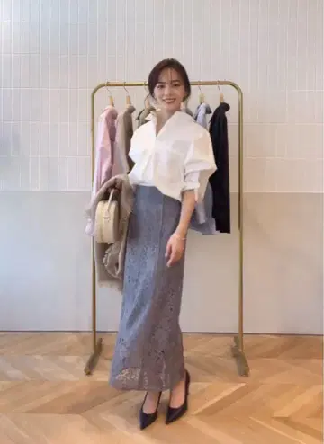 anuans 파이핑 레이스 타이트 스커트 (블루 그레이)