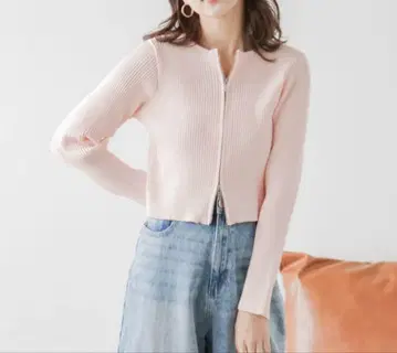 AMELY 더블 지퍼 리브 가디건 크롭 숏 기장 상의