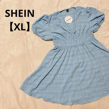 SHEIN [ XL ] 스카이블루 체크 반팔 무릎 기장 원피스 V넥