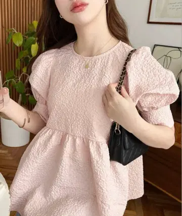 백리본 퍼프 슬리브 페플럼 반팔 풀오버