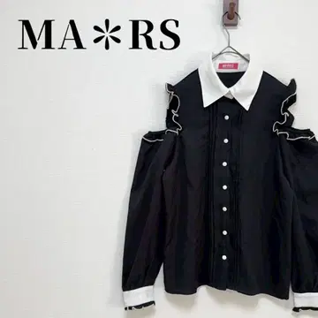 MARS 어깨 트임 클레릭 블라우스 프릴 긴팔 배색 블랙 지뢰계 양산형