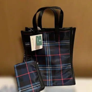 애프터눈 티 네이비 체크 무늬 토트백 파우치 포함
