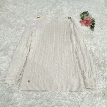 로렌 랄프 로렌 케이블 니트 긴팔 화이트 골드 버튼 로고 사이즈 M