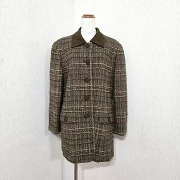 PINORE 브라운 체크 코트 울 혼방 미들 기장 어른스러운 클래식