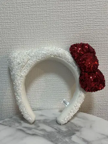 고양이 귀 머리띠 화이트 빨간 리본