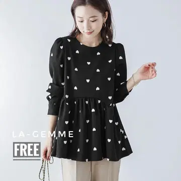 la-gemme 하트 무늬 페플럼 상의 퍼프 숄더 블라우스